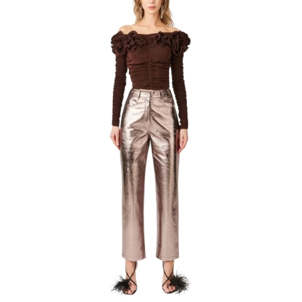 Amylynn Yasmine Metallic Straight faux leather pants size L